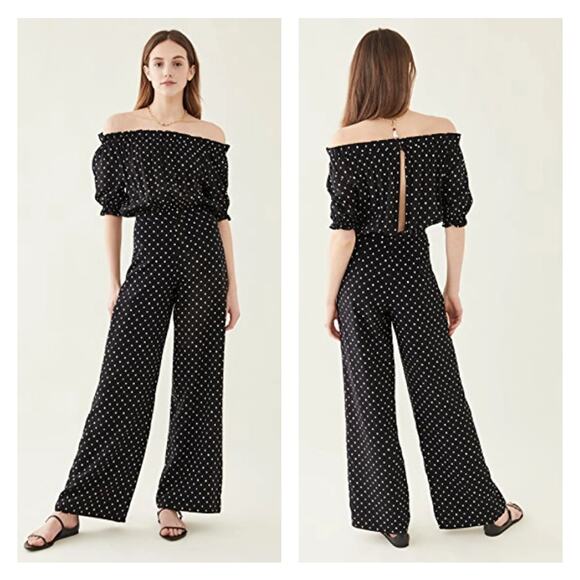 SALONI Juli Off the Shoulder Jumpsuit Womens 10 Black White Silk Polka Dot Wide - Picture 1 of 16